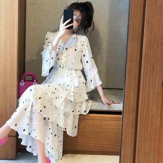 Star Print 3/4-sleeve Midi A-line Dress
