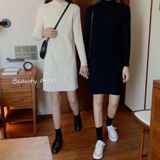 Mock Neck Ribbed Shift Knit Dress