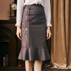 Embroidered Ruffle Hem Pencil Skirt