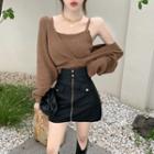 Mock Two Piece Plain Knit Top / High Waist Leather A-line Skirt