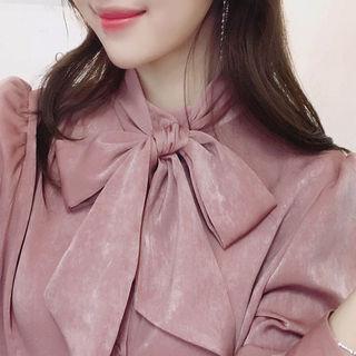 Detachable-ribbon Mandarin-collar Shirt