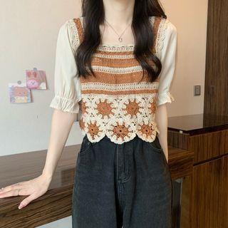 Puff-sleeve Square-neck Mesh Panel Lace Top