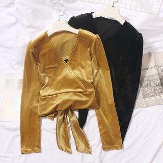 Tie-neck Long-sleeve Corduroy Top