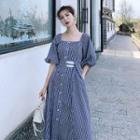 Puff-sleeve Square Neck Plaid Midi A-line Dress