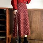 Cable Knit Cardigan / Plaid Midi A-line Skirt