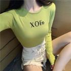 Long-sleeve Letter Embroidered Cropped Top