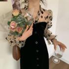 Ruffle Trim V-neck Floral Mesh Panel Velvet Dress Black - One Size