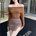 Off-shoulder Long Sleeve Plain Top / High Waist Corduroy Mini Split Skirt