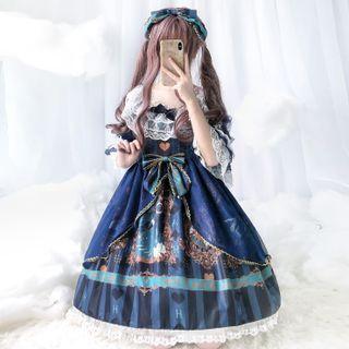 Set: Bow Headband + Elbow-sleeve Lace Trim Printed A-line Dress