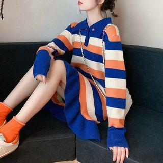 Striped Long-sleeve Polo Knit Dress