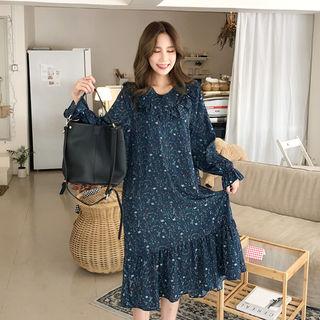 Frill-collar Floral Print Dress Blue - One Size