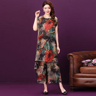 Set: Short-sleeve Print Long Top + Wide-leg Pants