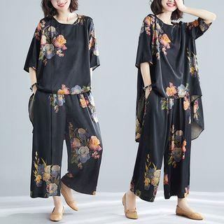 Set: Elbow-sleeve Printed Top + Wide Leg Pants Black - One Size