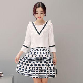 Set : Frilled Chevron Long-sleeve Top + Print Skirt