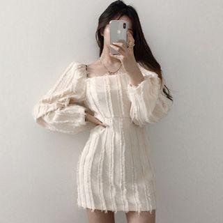 Fringed Square-neck Long-sleeve A-line Mini Dress