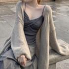 Spaghetti Strap Plain A-line Dress / Long Cardigan