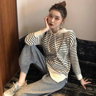 Elbow Patch Striped Hooded Sweater / Wide-leg Pants