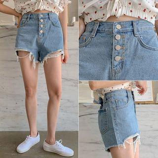 Button-fly Cutout Fray-hem Denim Shorts