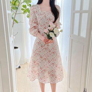 Square-neck Long Floral Dress