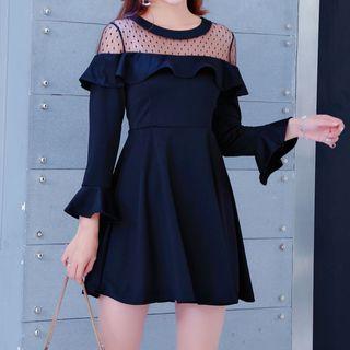 Mesh Panel Long-sleeve A-line Minidress