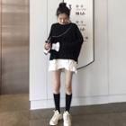 Color-block Long-sleeve Loose-fit Pullover Black - One Size