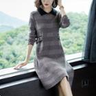 Long-sleeve Plaid Collared Knit Dress