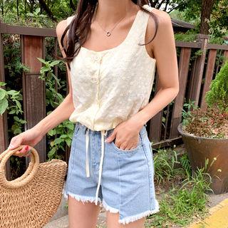 Sleeveless Tie-hem Dotted Eyelet-lace Blouse