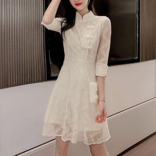Mandarin Collar Lace Elbow-sleeve Mini A-line Dress