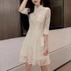 Mandarin Collar Lace Elbow-sleeve Mini A-line Dress