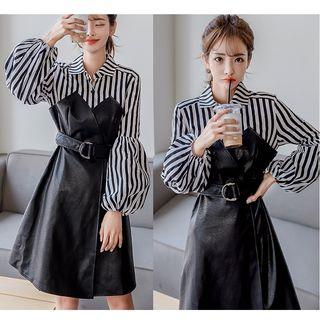 Striped Panel Mock Two-piece Faux Leather Dress