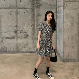 Balloon-sleeve Floral Print A-line Dress Leopard - Black - One Size
