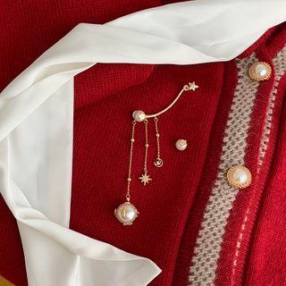 Faux Pearl Dangle Earring 1 Pair - S925 Silver - White Faux Pearl - Gold - One Size