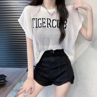 Short-sleeve Lettering Pointelle Knit Top