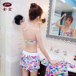 Set: Patterned Bikini Top + Swim Skirt + Short-sleeve Cover-up Top