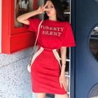 Short-sleeve Lettering T-shirt / Mini Suspender Skirt