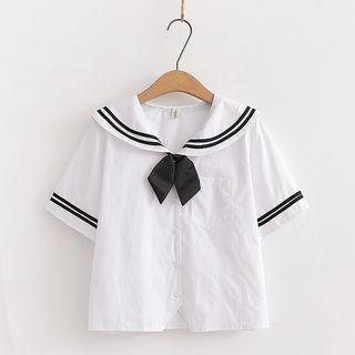 Short Sleeve Sailor Collar Top White & Black - One Size