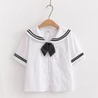 Short Sleeve Sailor Collar Top White & Black - One Size