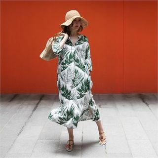 Open-placket Palm Tree Print Dress
