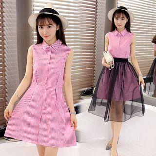 Set: Stripe Sleeveless Shirtdress + Mesh Midi Skirt