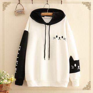 Color-block Cat Print Fleece-lined Hoodie
