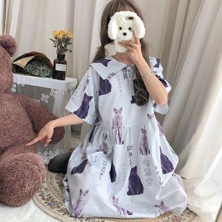 Cat Print Sailor Collar Elbow-sleeve A-line Dress As Shown In Figure - One Size