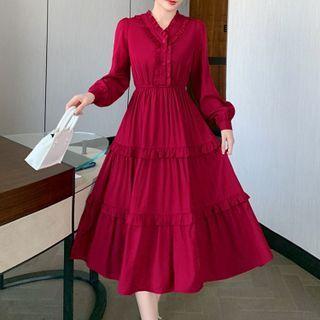 Long-sleeve Frill Trim Tiered Midi A-line Dress