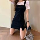 Short-sleeve Plain T-shirt / Applique Mini Overall Dress