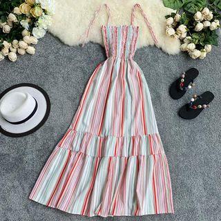 Striped Midi Spaghetti Strap Dress Pink - One Size