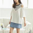 Mock Two Piece Striped Panel Cut Out Shoulder Elbow Sleeve T-shirt