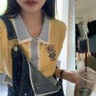 Short-sleeve Double Breasted Knit Top Yellow - One Size