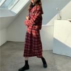 Plaid Button Jacket / Midi A-line Skirt / Faux Fur Collar