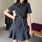 Short-sleeve Mini Shirtdress / Chained Belt / Tie / Set