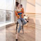 Set: Striped Knit Camisole Top + Cardigan + Distressed Straight-cut Jeans