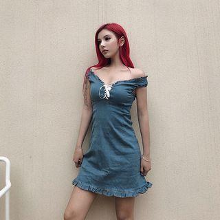 Boatneck Lace-up Denim Dress